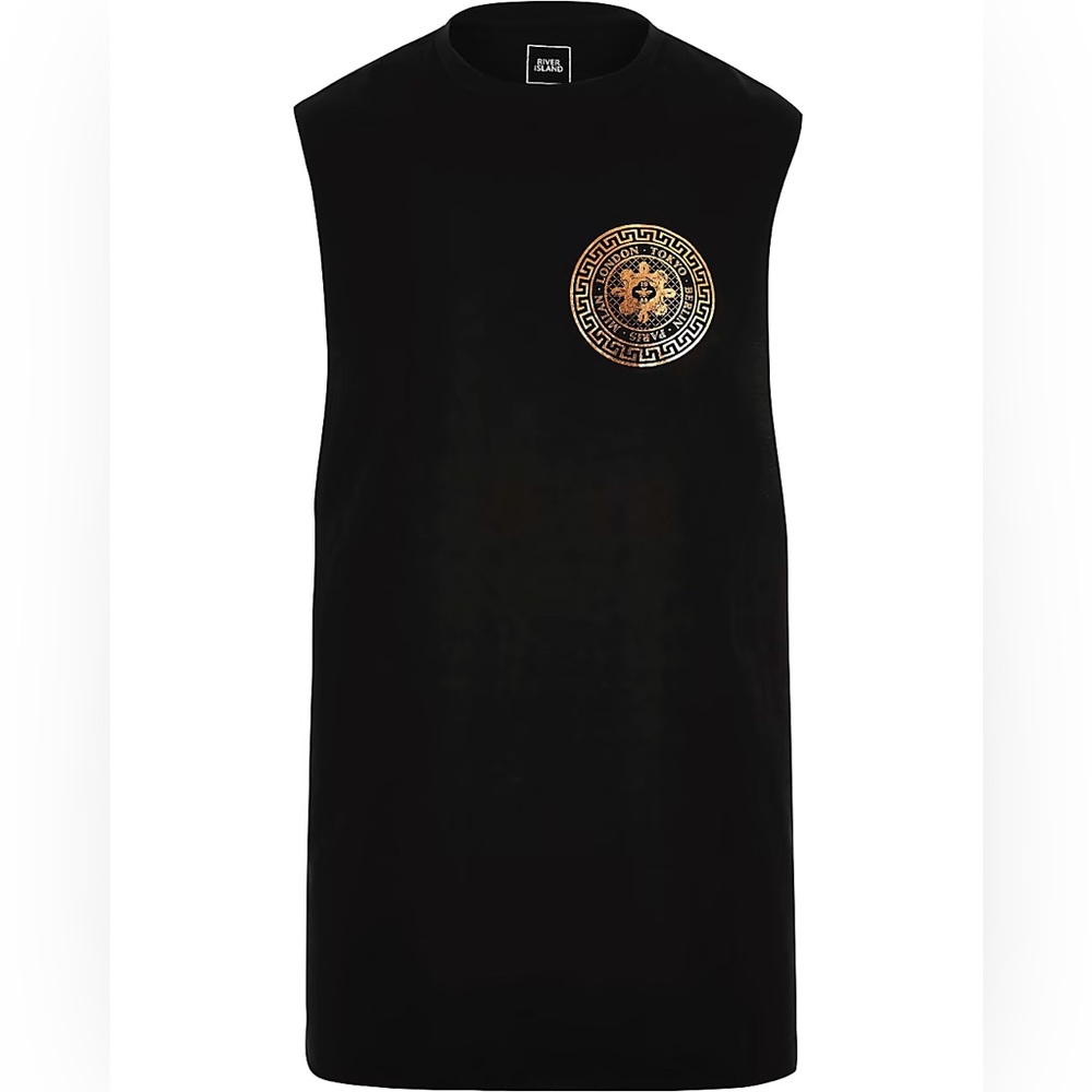 River Island Mens Black Gold Circle Print Tank Top